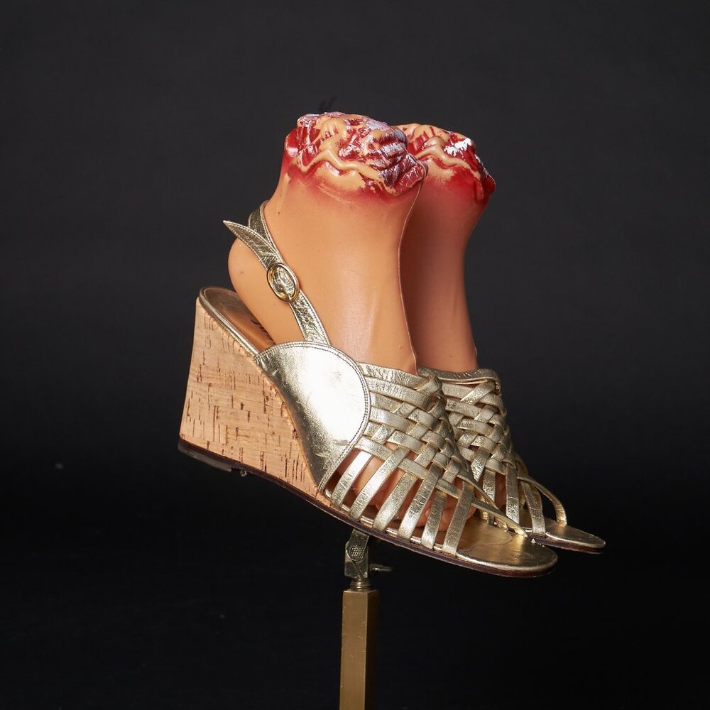 1970s Gold Strappy Leather Wedges Heels Disco Shoes
